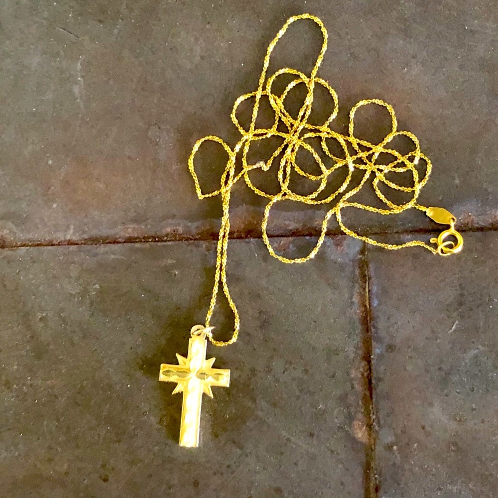 14K Diamond Cut Cross On A 24” Gold Chain